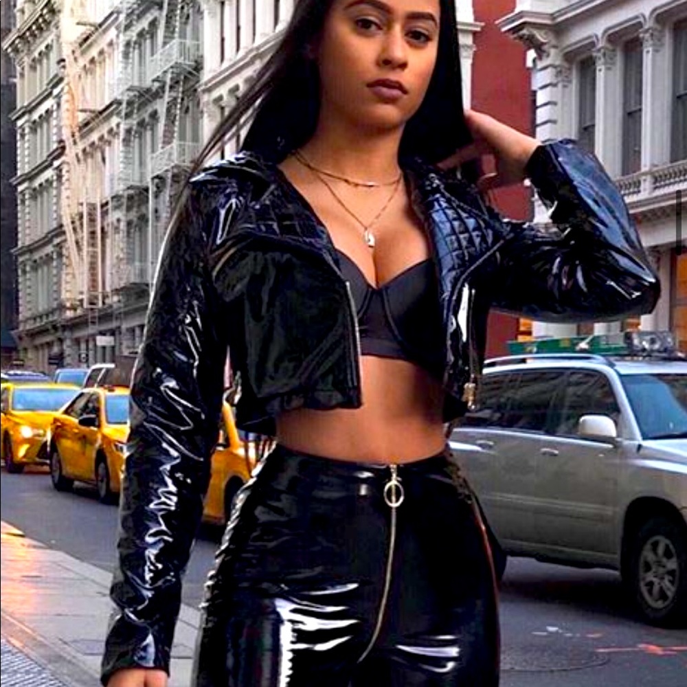 Meshki London black latex cropped biker jacket